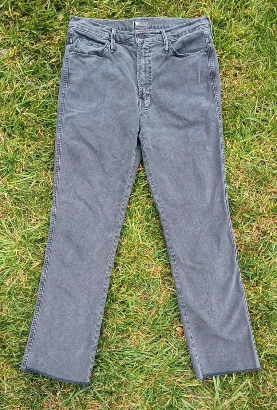 MOTHER High Waisted Rascal Ankle Fray Jeans Womens 30 Chalk Faded Black Raw Hem